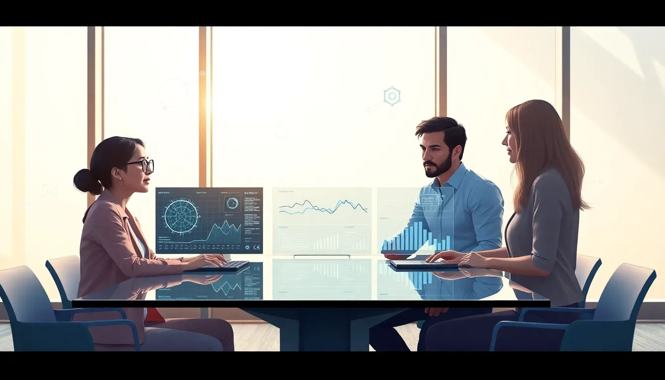 diverse team analyzing future trends in a modern office setting.