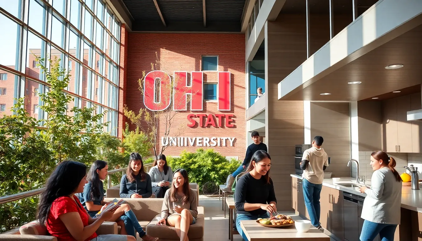 students socializing and studying in modern Ohio State University residence hall.