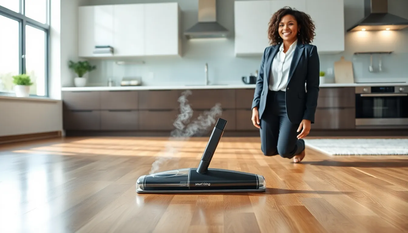 smart steam mop in a modern kitchen with a satisfied user.