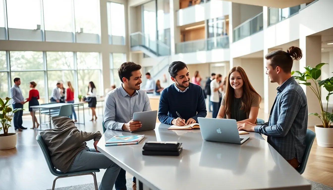 diverse students discussing housing options in a modern campus setting.