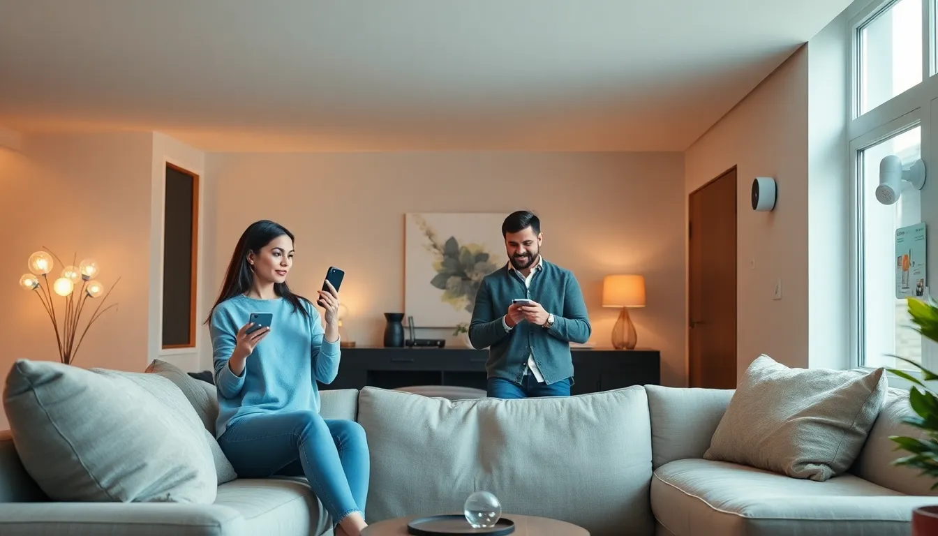 family using smart home devices in a modern living room.