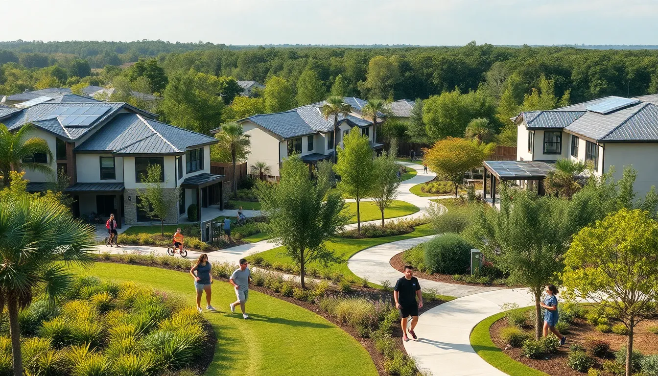 eco-friendly community with modern homes and residents enjoying nature.