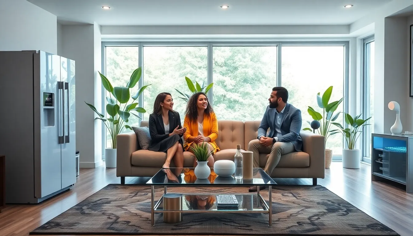 modern living room showcasing smart home technology with diverse professionals.