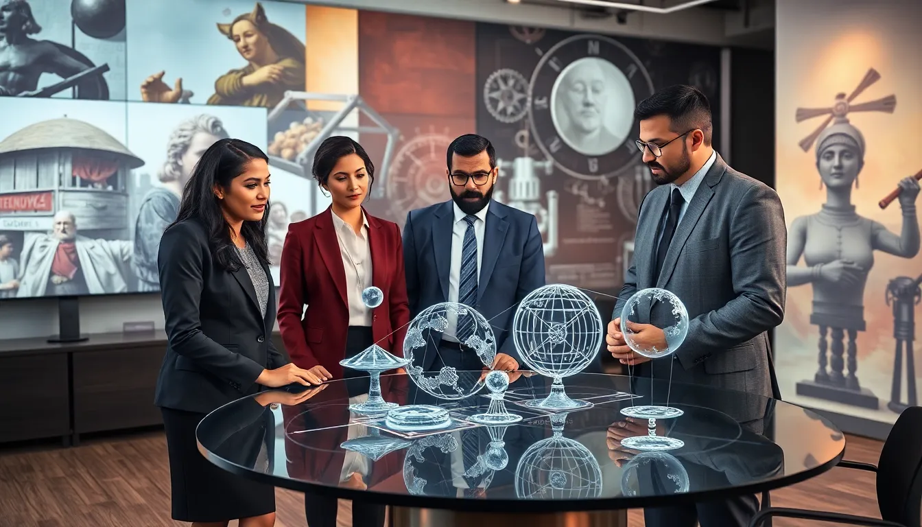 diverse professionals examining historical and futuristic predictions in a modern office.