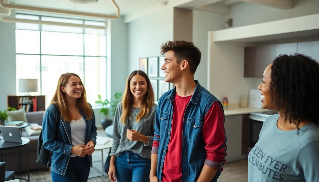 diverse students engaging in a common area at GSU housing.