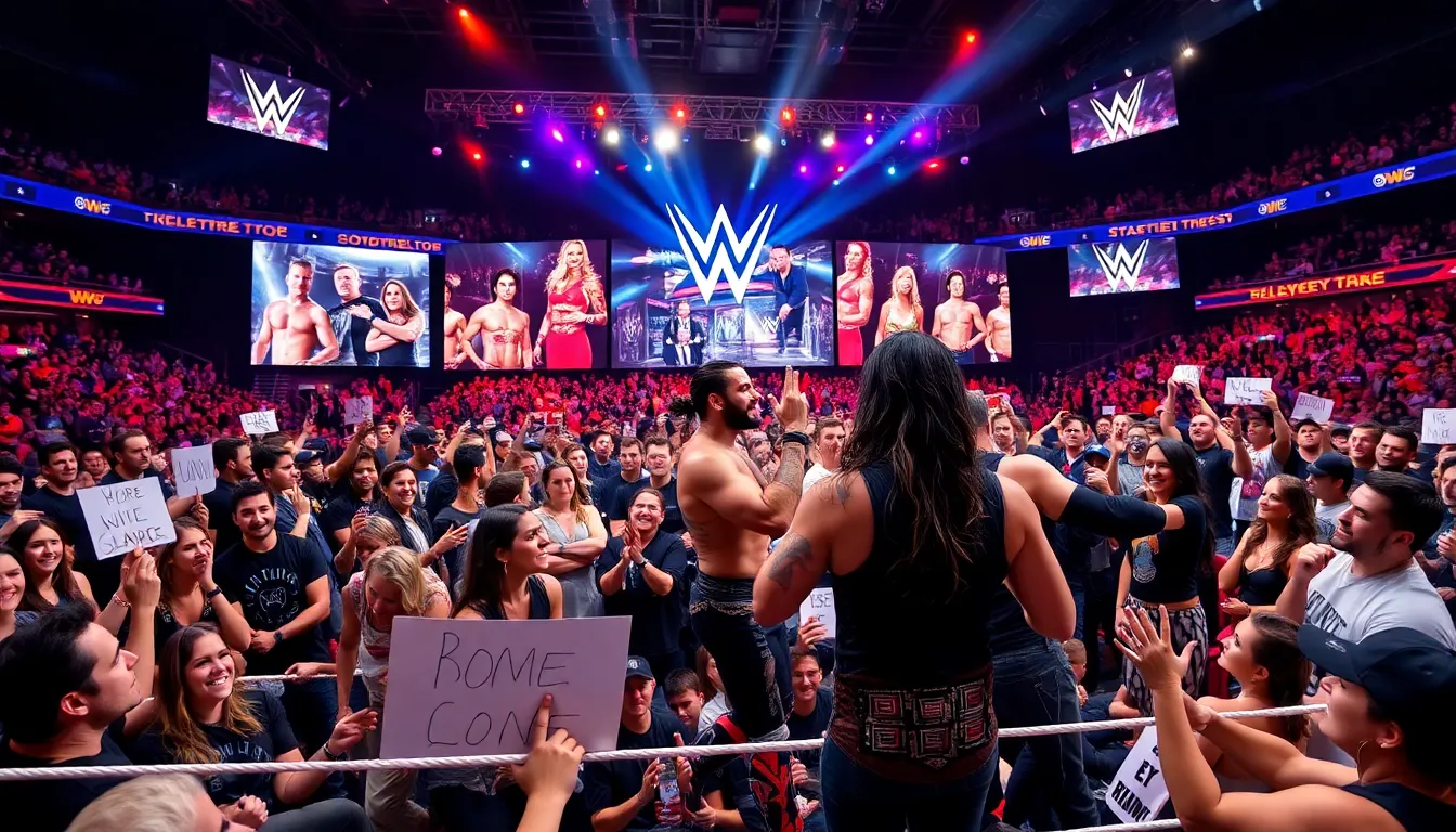 Wrestlers and energetic fans at a vibrant WWE event.