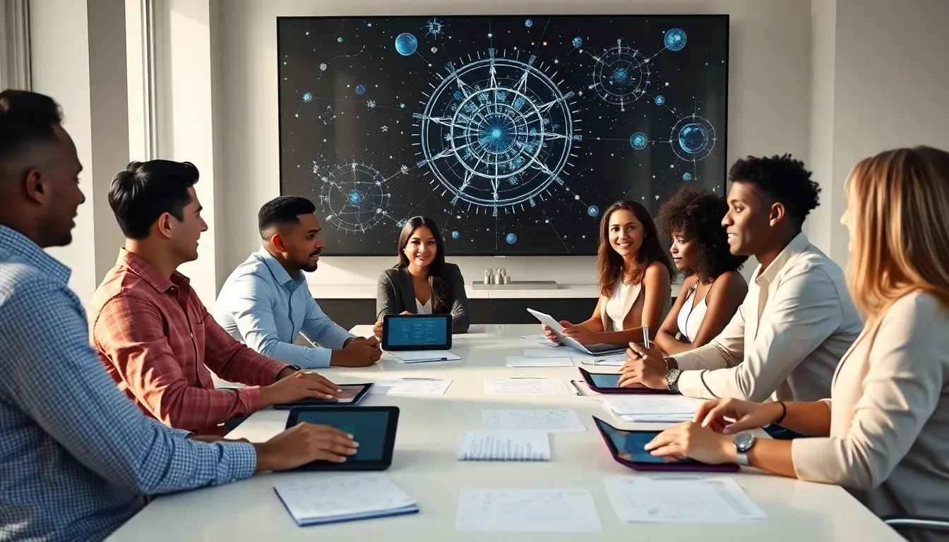 diverse professionals discussing astrology and birth dates in a bright office.