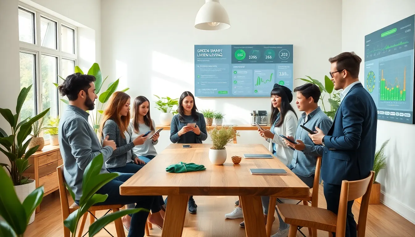 diverse professionals discussing sustainability in a modern, eco-friendly living space.
