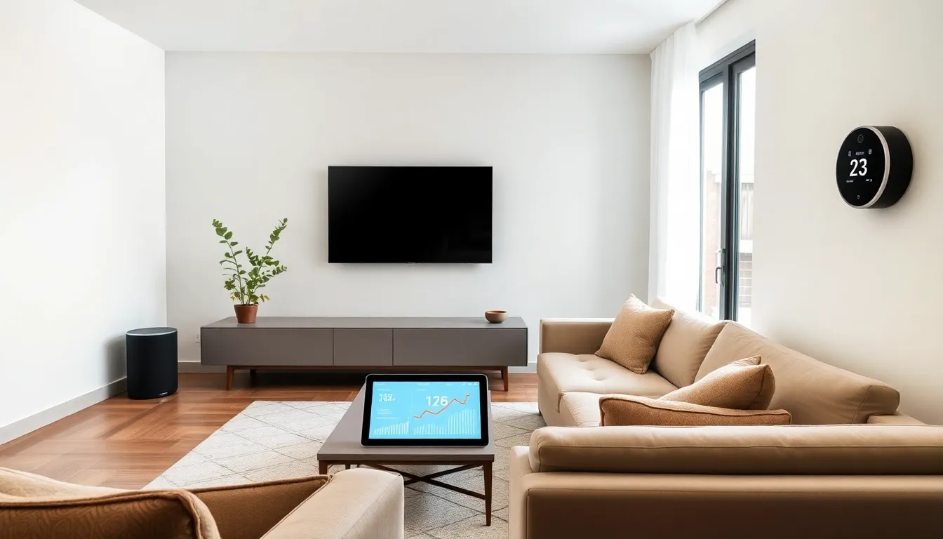 a modern smart living room with integrated technology and cozy decor.