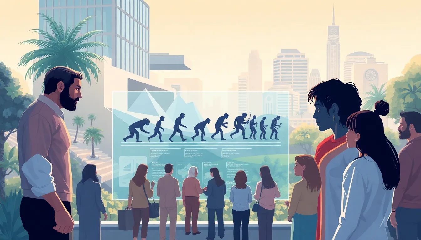 diverse team discussing human evolution and future predictions.
