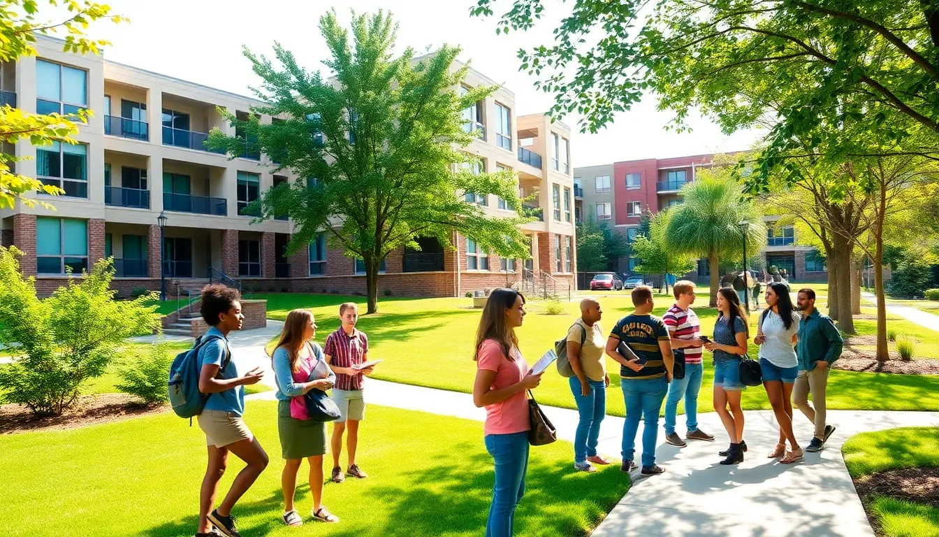 Students socializing in front of modern housing at Albany State University.