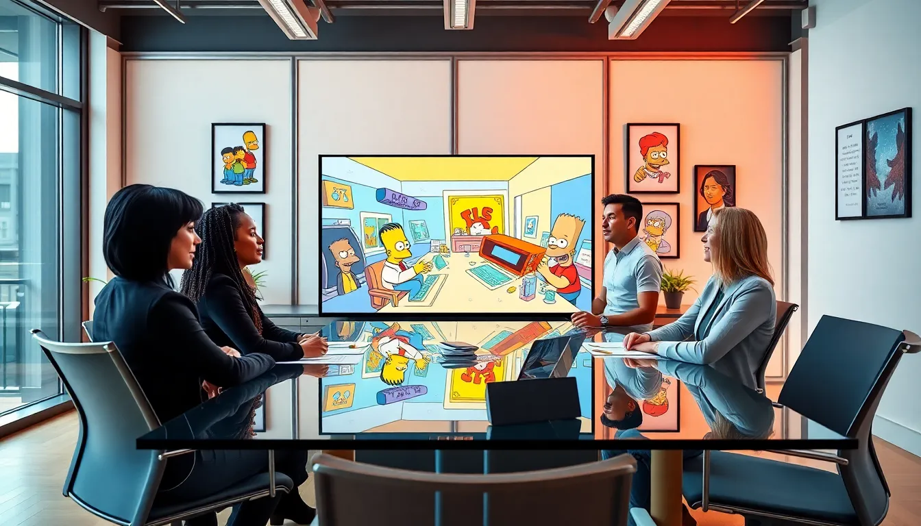 diverse professionals discussing *The Simpsons* predictions in a modern office.