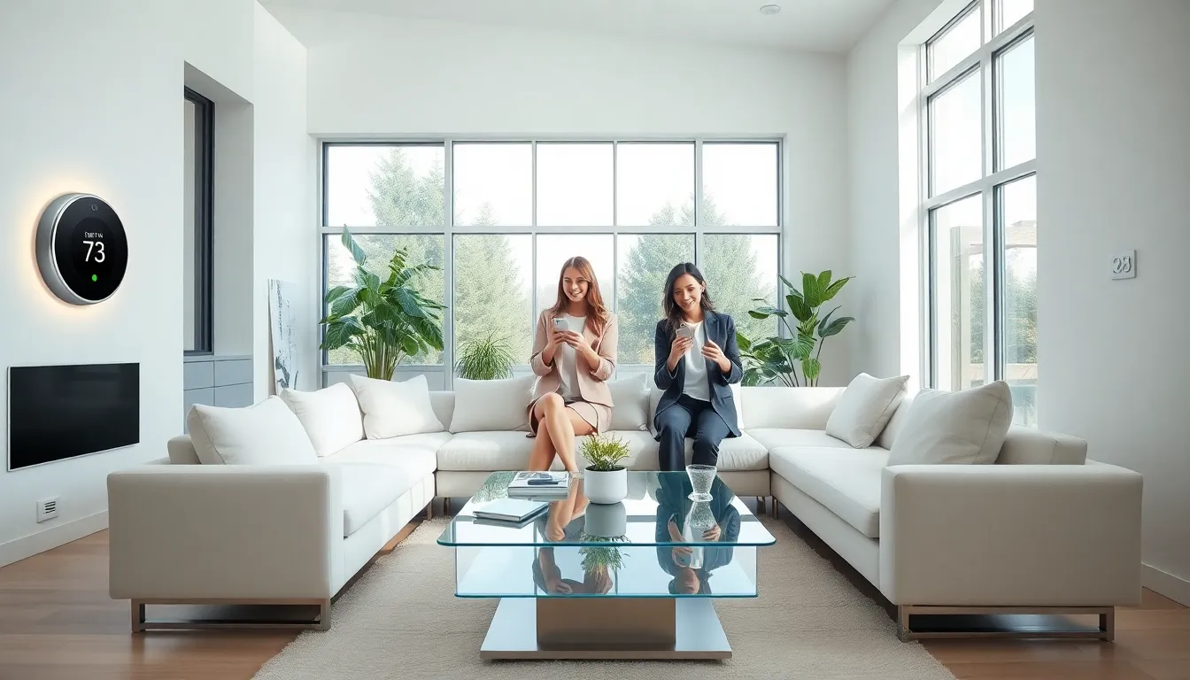 A couple controlling smart home devices in a modern living room.